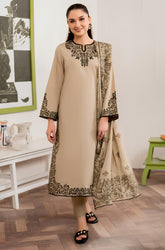 KP913-WINTER 3PC Dhannak Embroidered suit with Printed Shawll